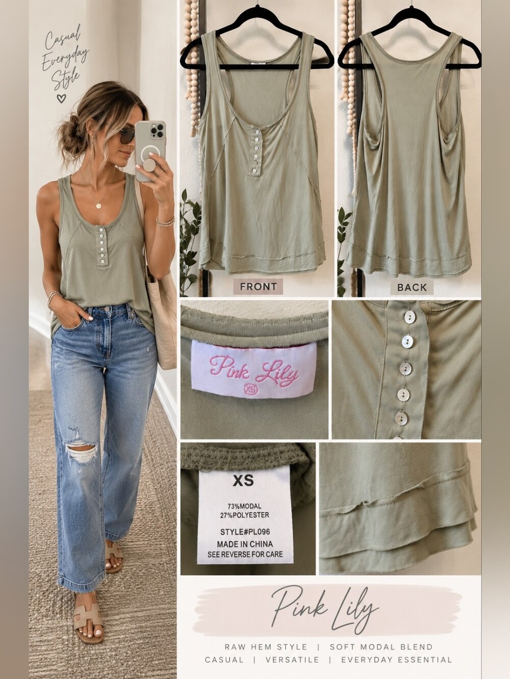 Pink Lily Sage Green Raw Hem Button Front Tank Top XS